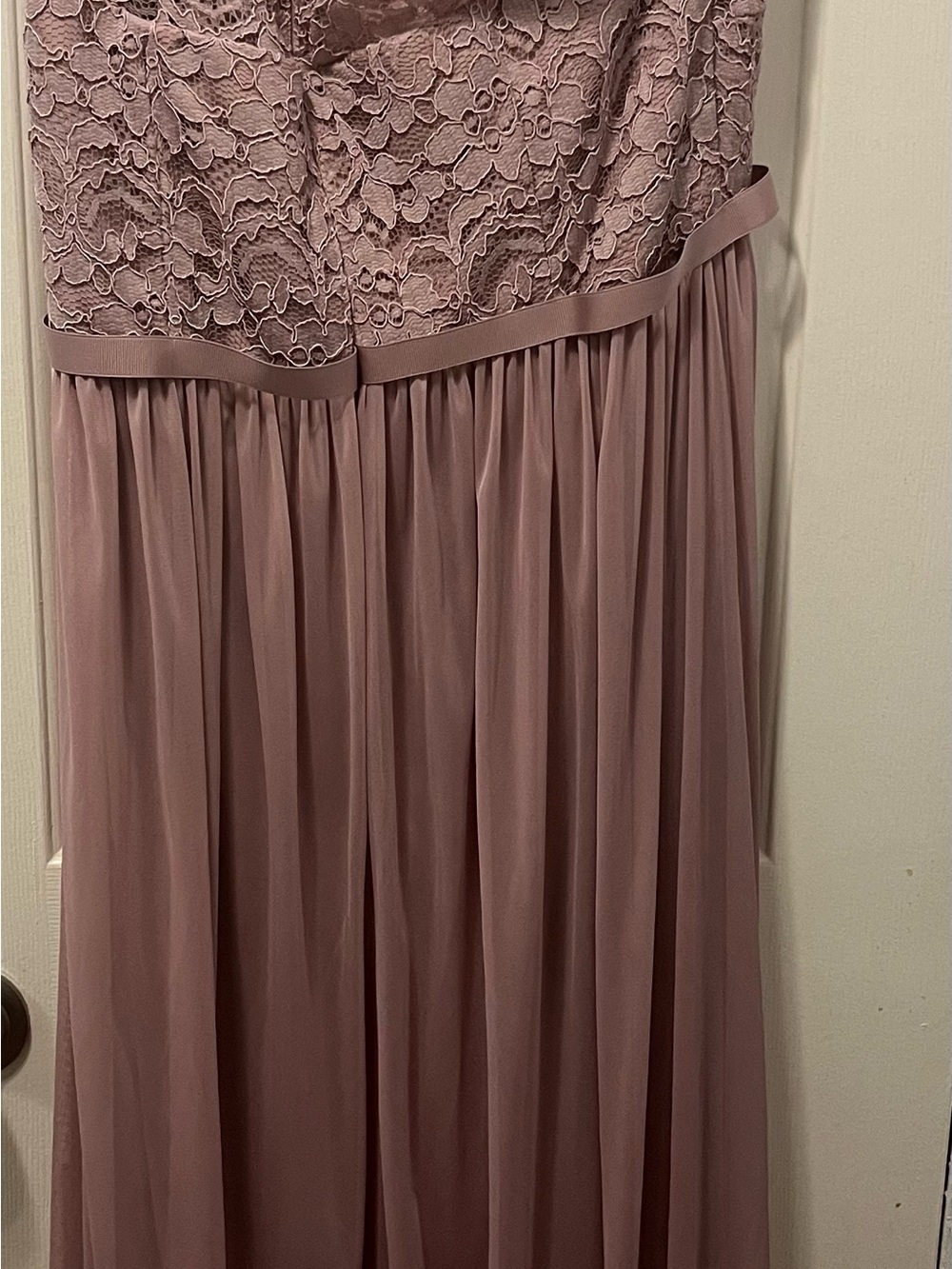 David's Bridal One-Shoulder Lace Chiffon Dress in Dusty Mauve - Picture 2 of 5